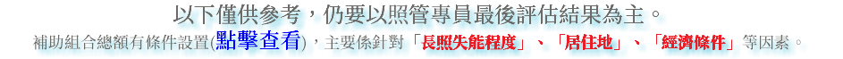 以下僅供參考，仍要以照管專員最後評估結果為主。 補助組合總額有條件設置(點擊查看)，主要係針對「長照失能程度」、「居住地」、「經濟條件」等因素。